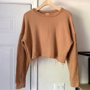 DONNI. peach cotton terry boxy cropped raw fray hem crew neck sweater